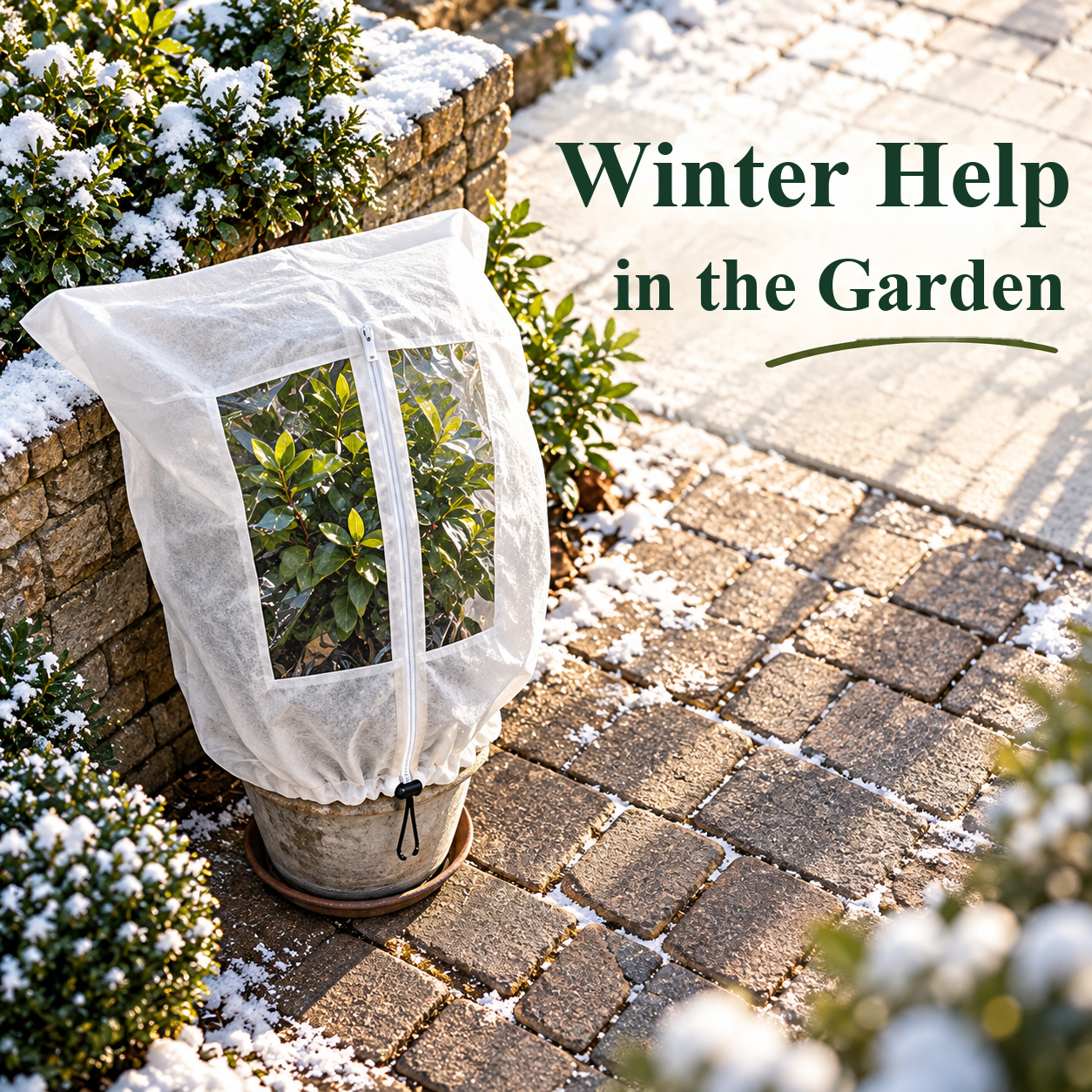 Frost cover with a viewing window around a potted plant on a winter patio