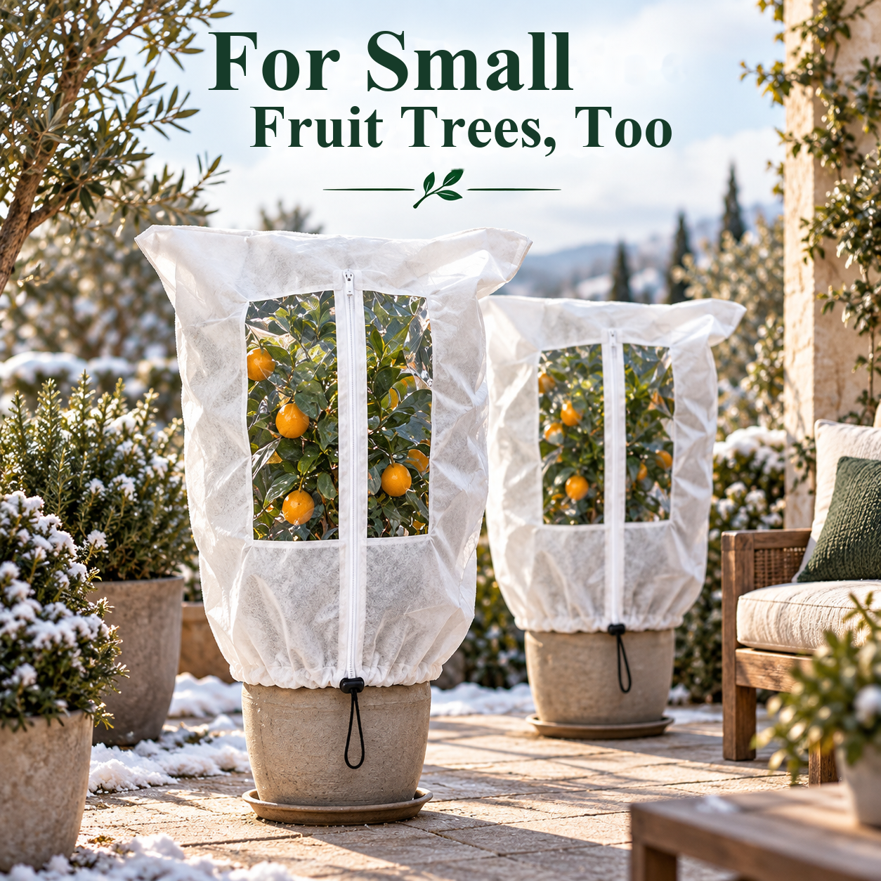 Frost cover with a viewing window around a potted plant on a winter patio