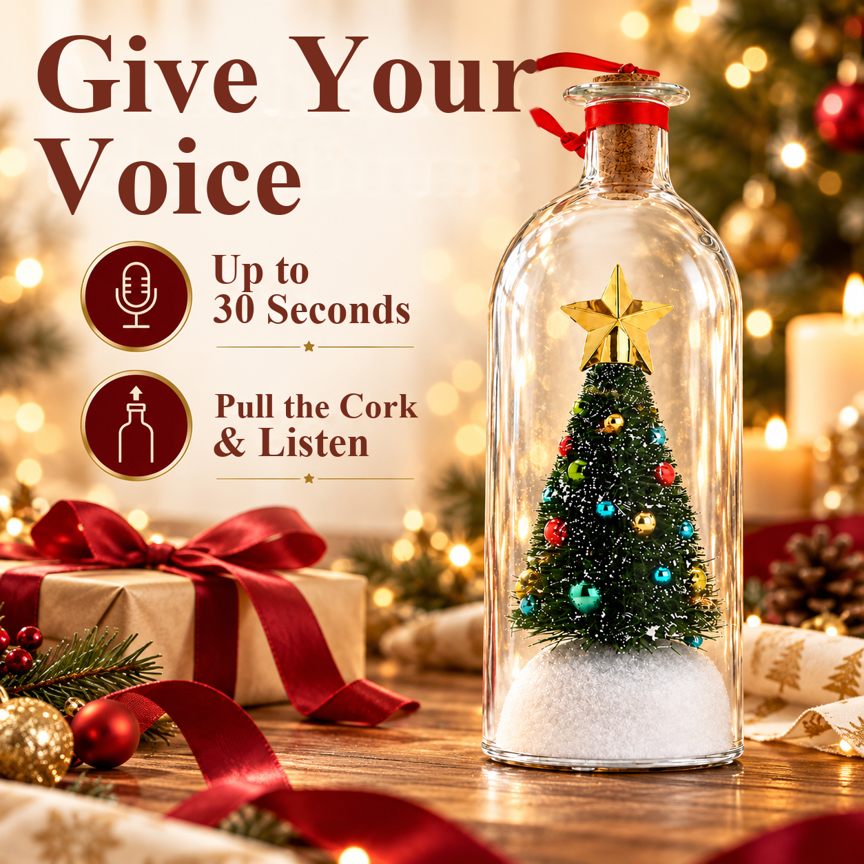 Christmas bottle with a green miniature tree for your personal voice message