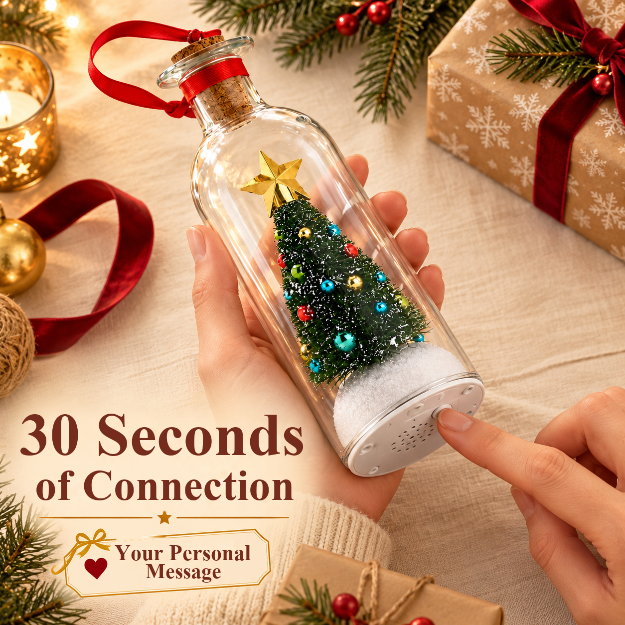 Christmas bottle with a green miniature tree for your personal voice message