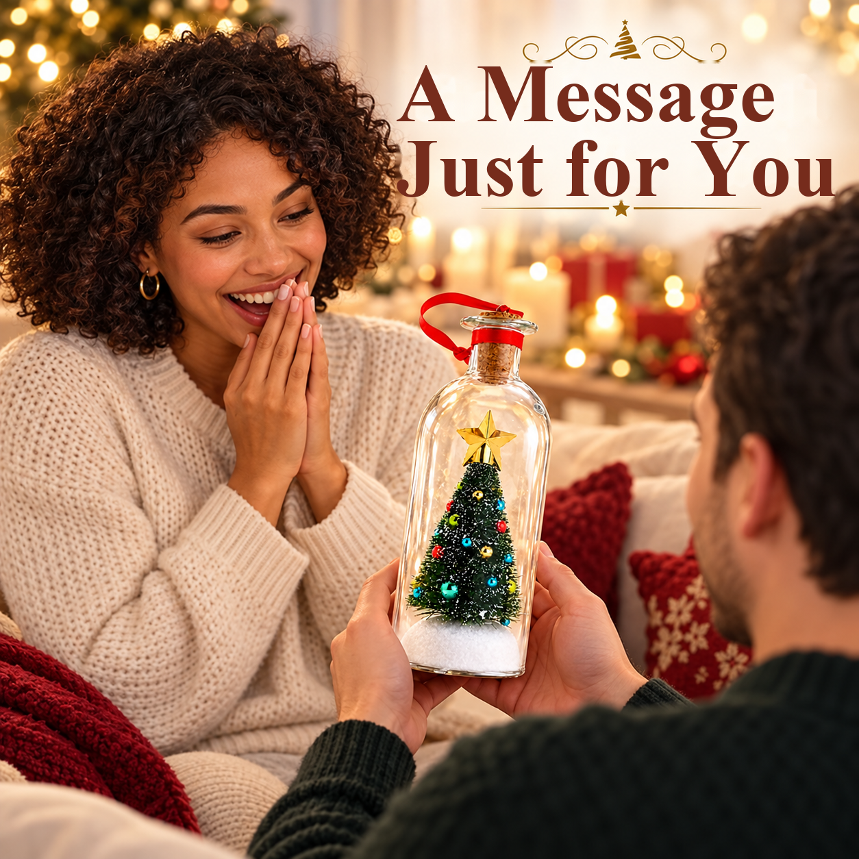 Christmas bottle with a green miniature tree for your personal voice message