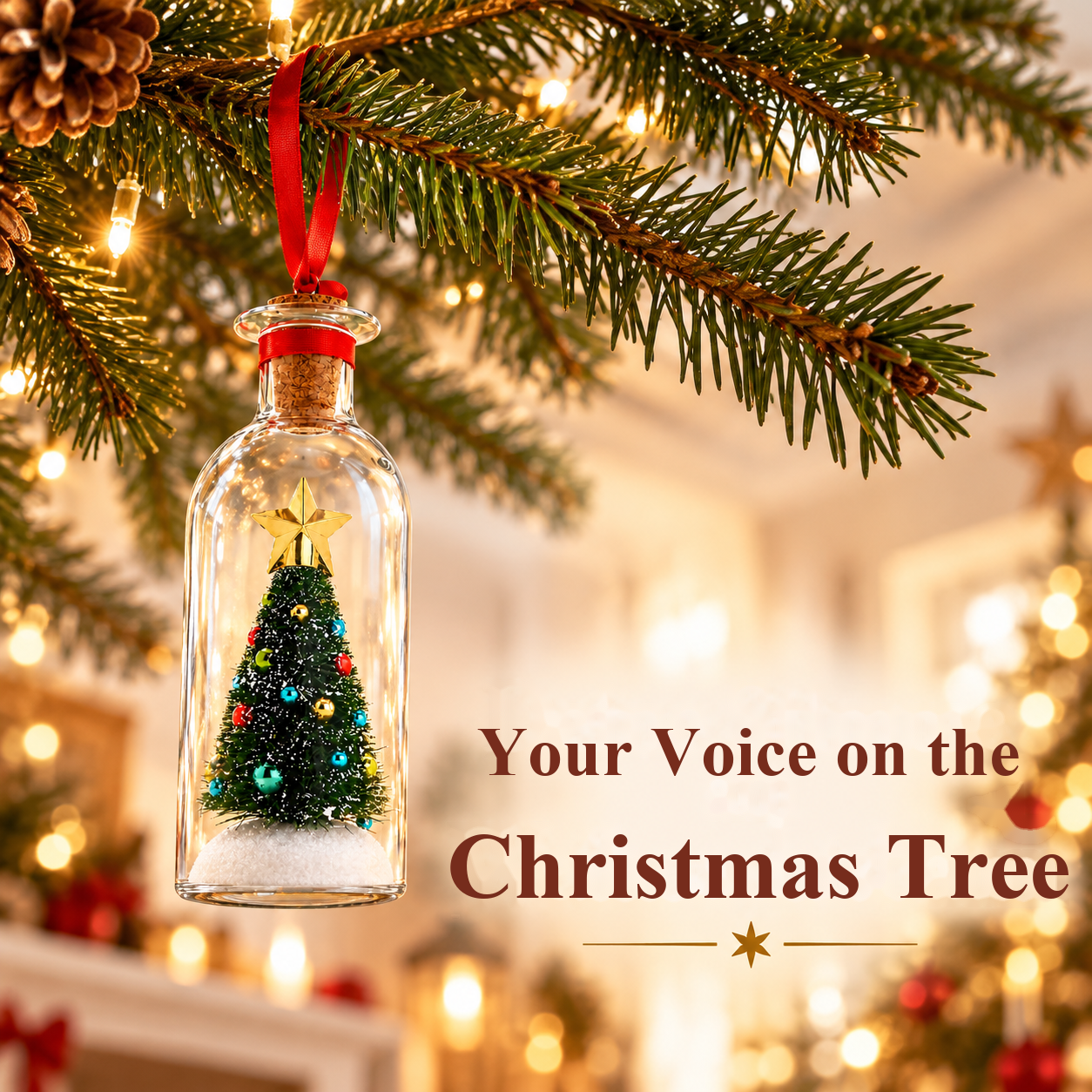 Christmas bottle with a green miniature tree for your personal voice message