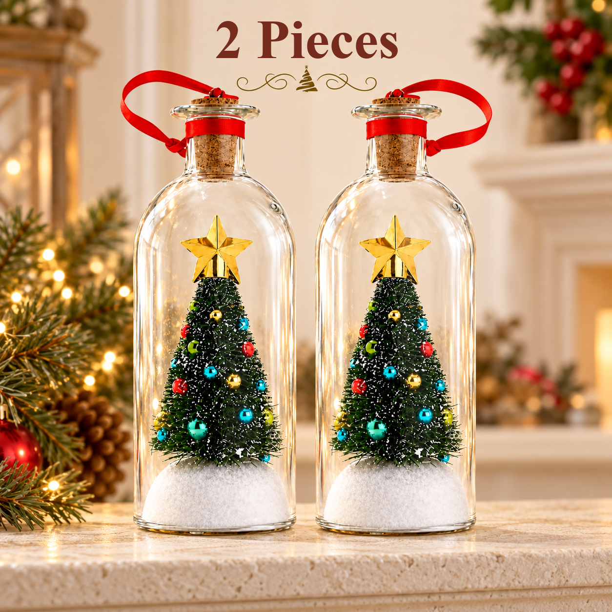 Two Christmas bottles with green miniature trees
