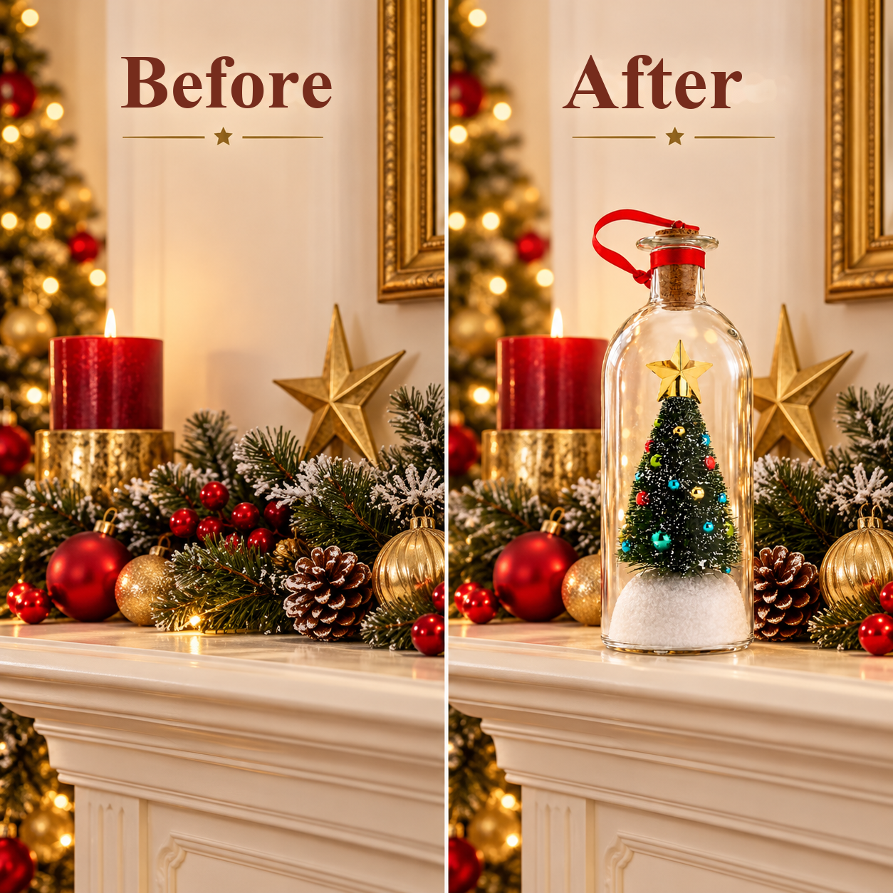 The same mantel before and after adding a Christmas bottle