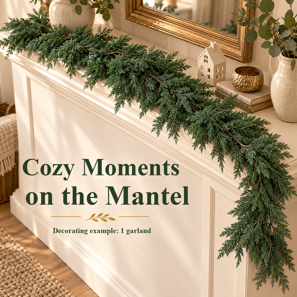 One green cedar garland on a small mantel, viewed from above at an angle