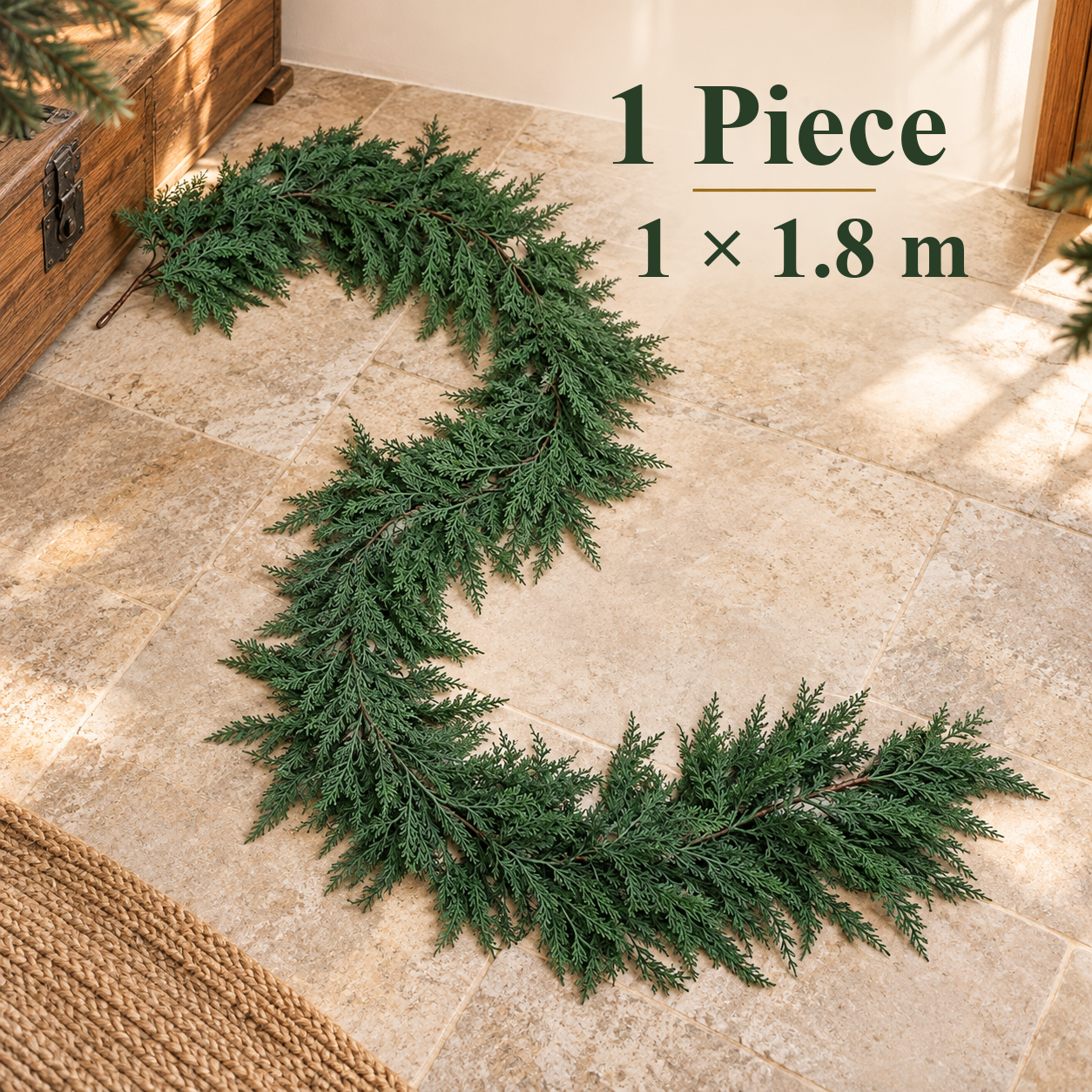 Contents of the 1-piece option: one artificial cedar garland measuring 1.8 m