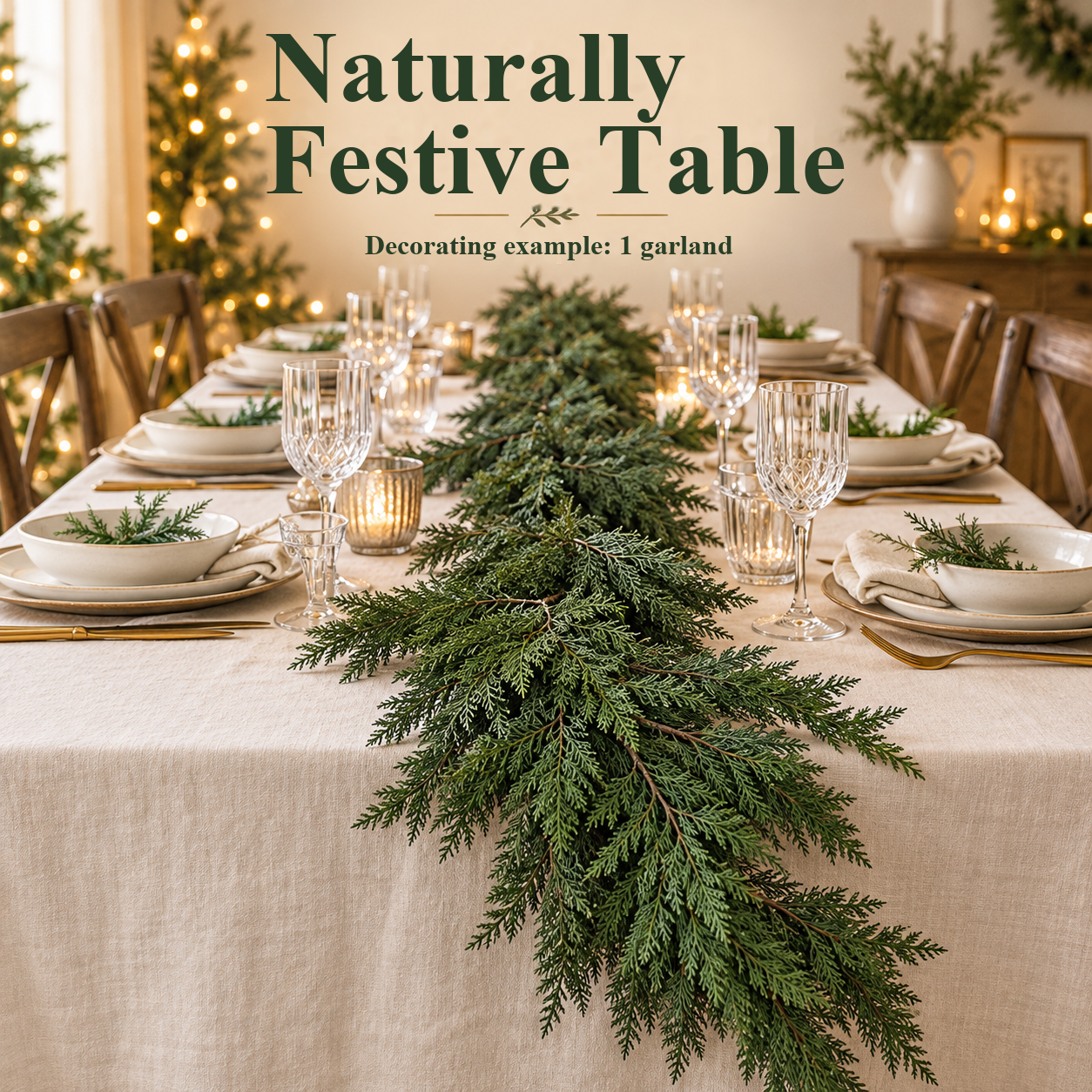 One garland as a green centerpiece on a Christmas dining table