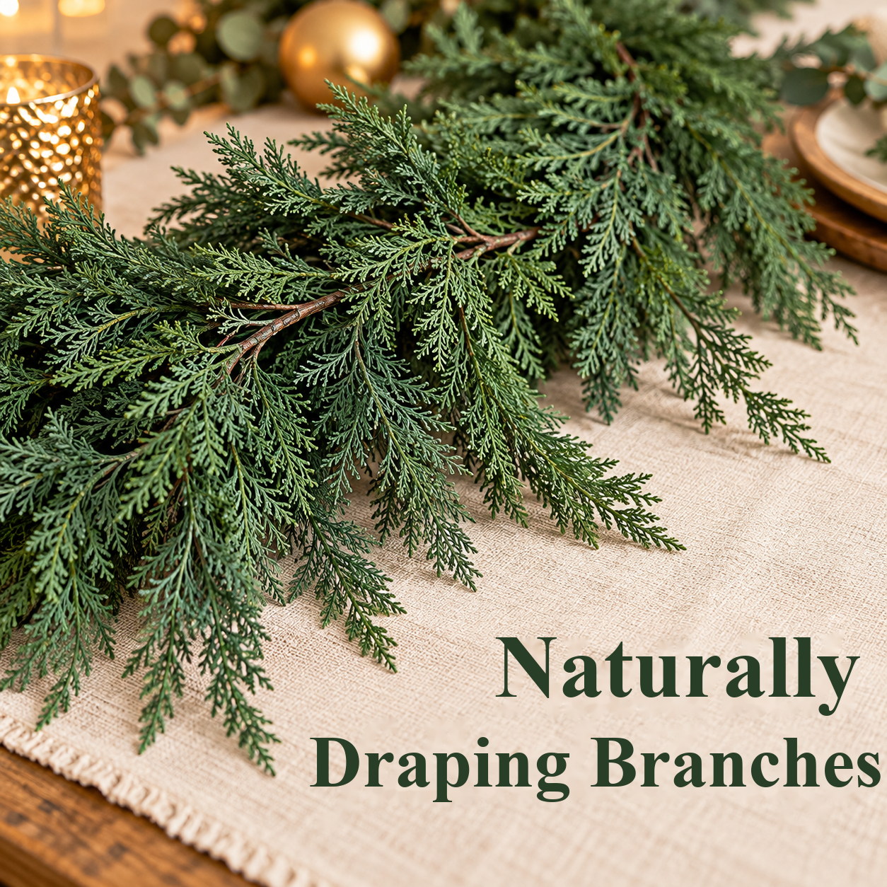 Close-up of the fine, flat artificial cedar branches on linen
