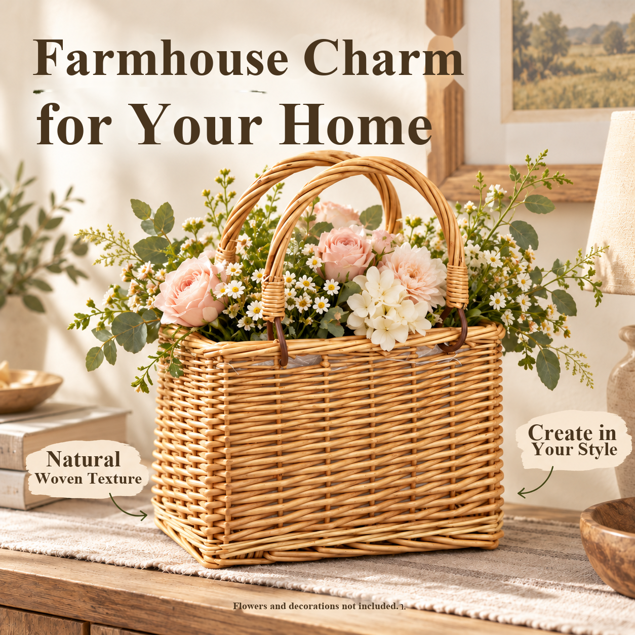 Light brown woven flower basket with flowers on a cream console table