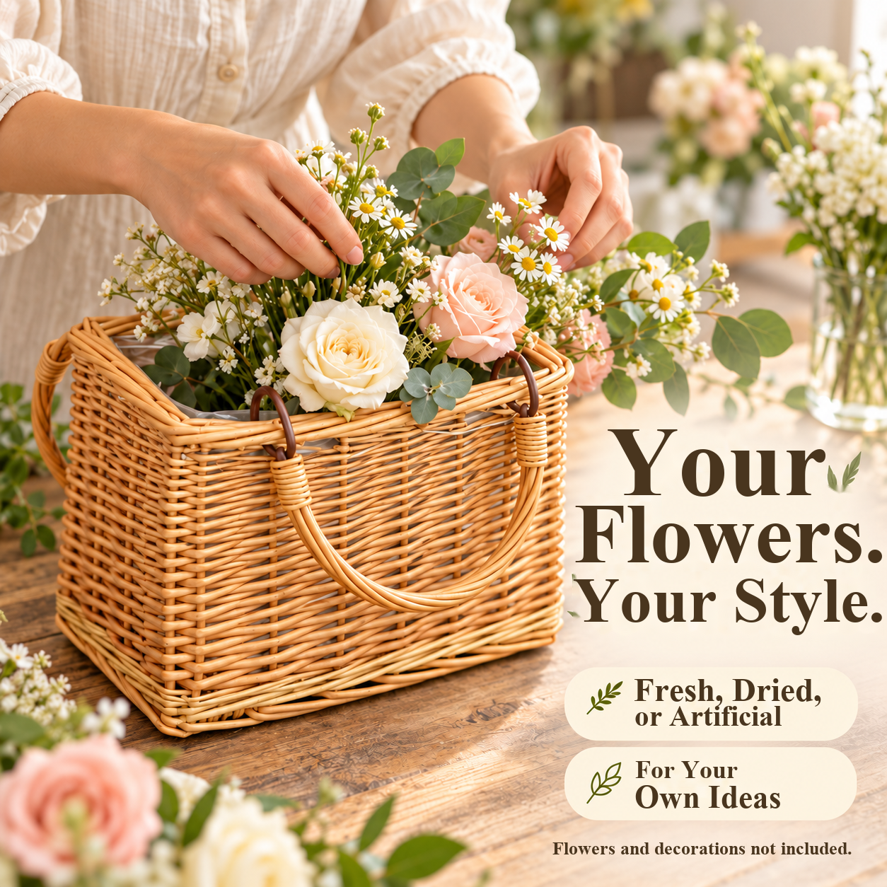 Hands arranging flowers in a woven basket with a liner