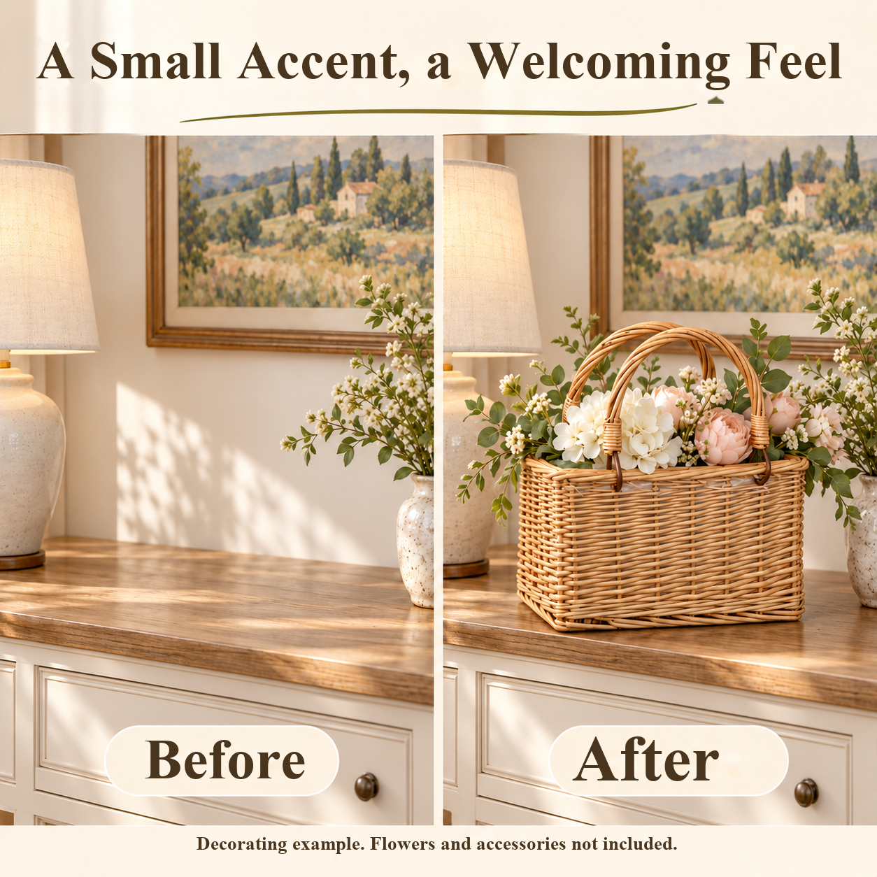 The same console table before and after adding a decorated flower basket