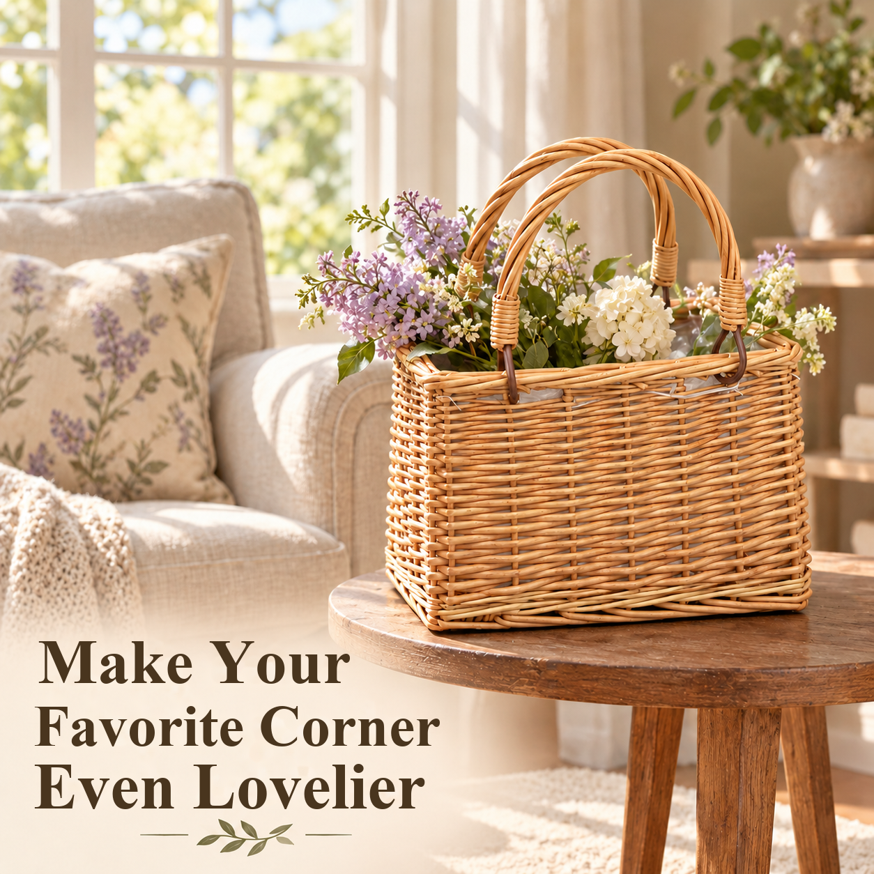 Flower basket on a side table beside a reading chair by the window