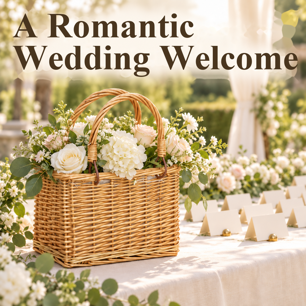 White flower arrangement in a woven basket on a wedding table