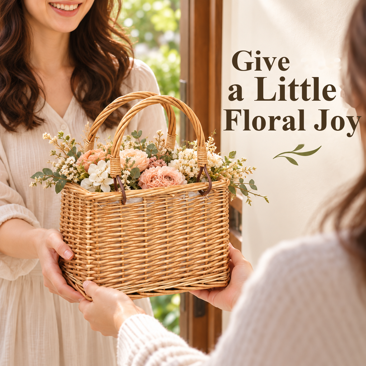 Two people giving a woven flower basket as a gift
