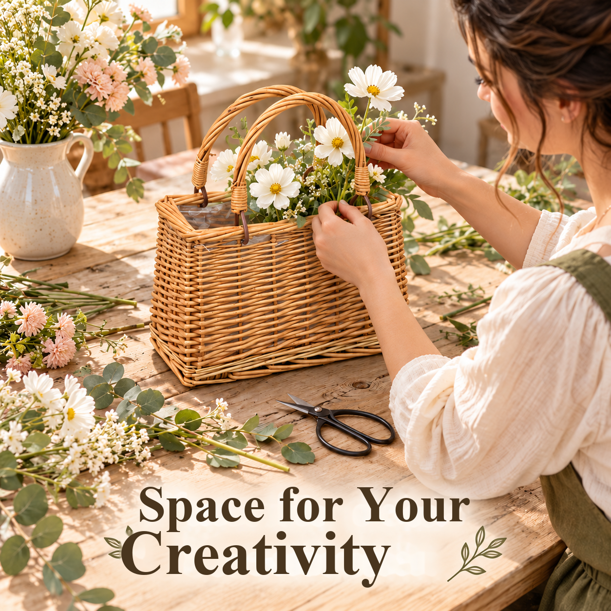 A person arranging flowers between the upright handles at a worktable