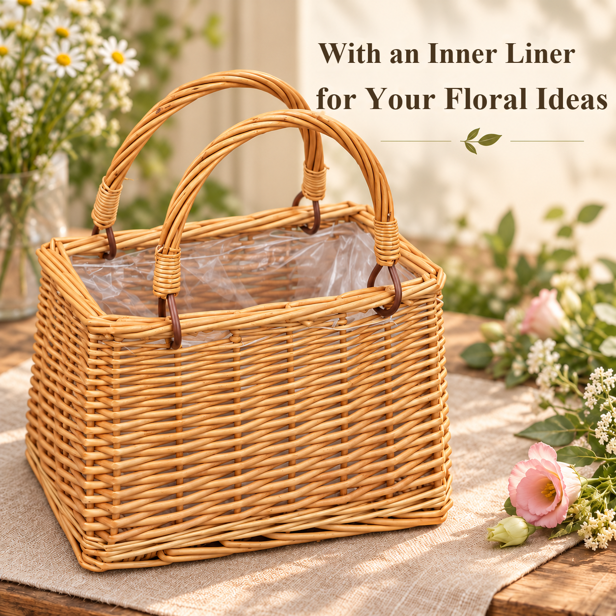 Empty rectangular basket with a clear liner and two upright handles