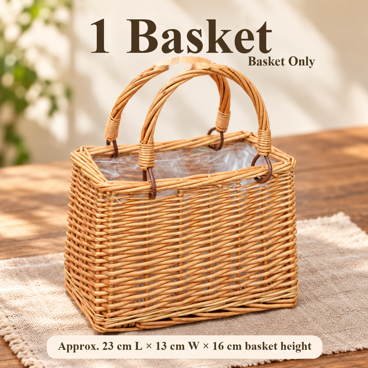 One empty woven basket with a liner and basket dimensions in centimeters