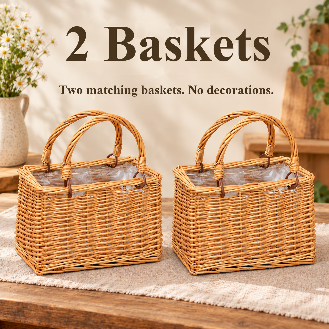 Two matching empty woven baskets, each with two handles