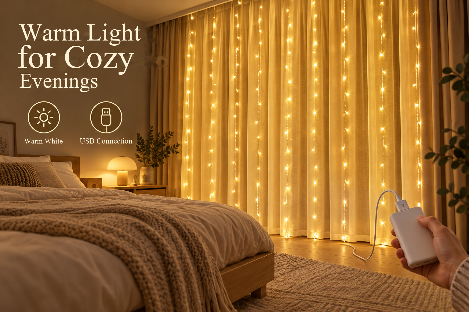 Warm white LED curtain lights in a bedroom, connected to a power bank by USB