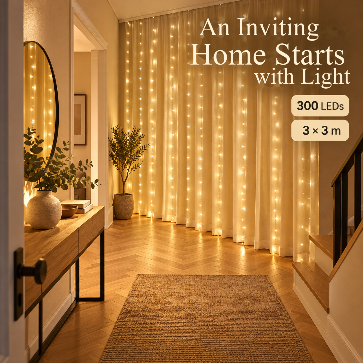 One curtain light set with remote, 3 × 3 m