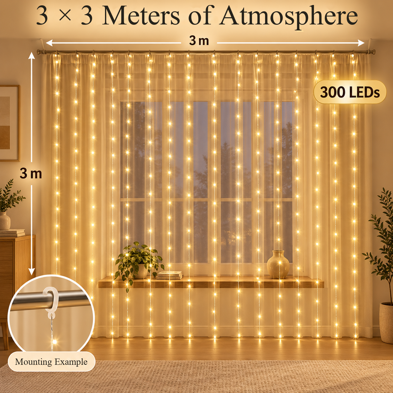 One curtain light set with remote, 3 × 3 m