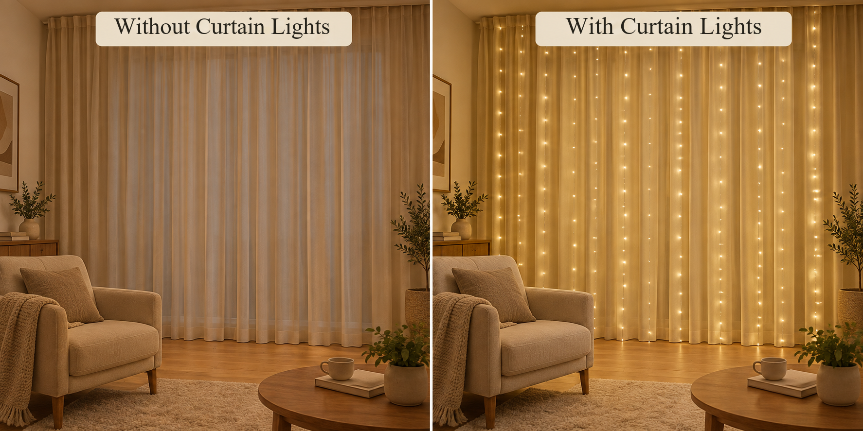 The same window with and without warm white curtain lights