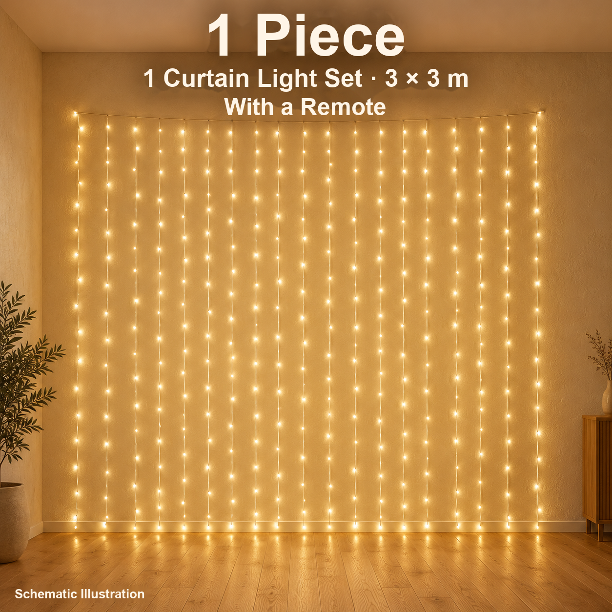 One curtain light set with remote, 3 × 3 m