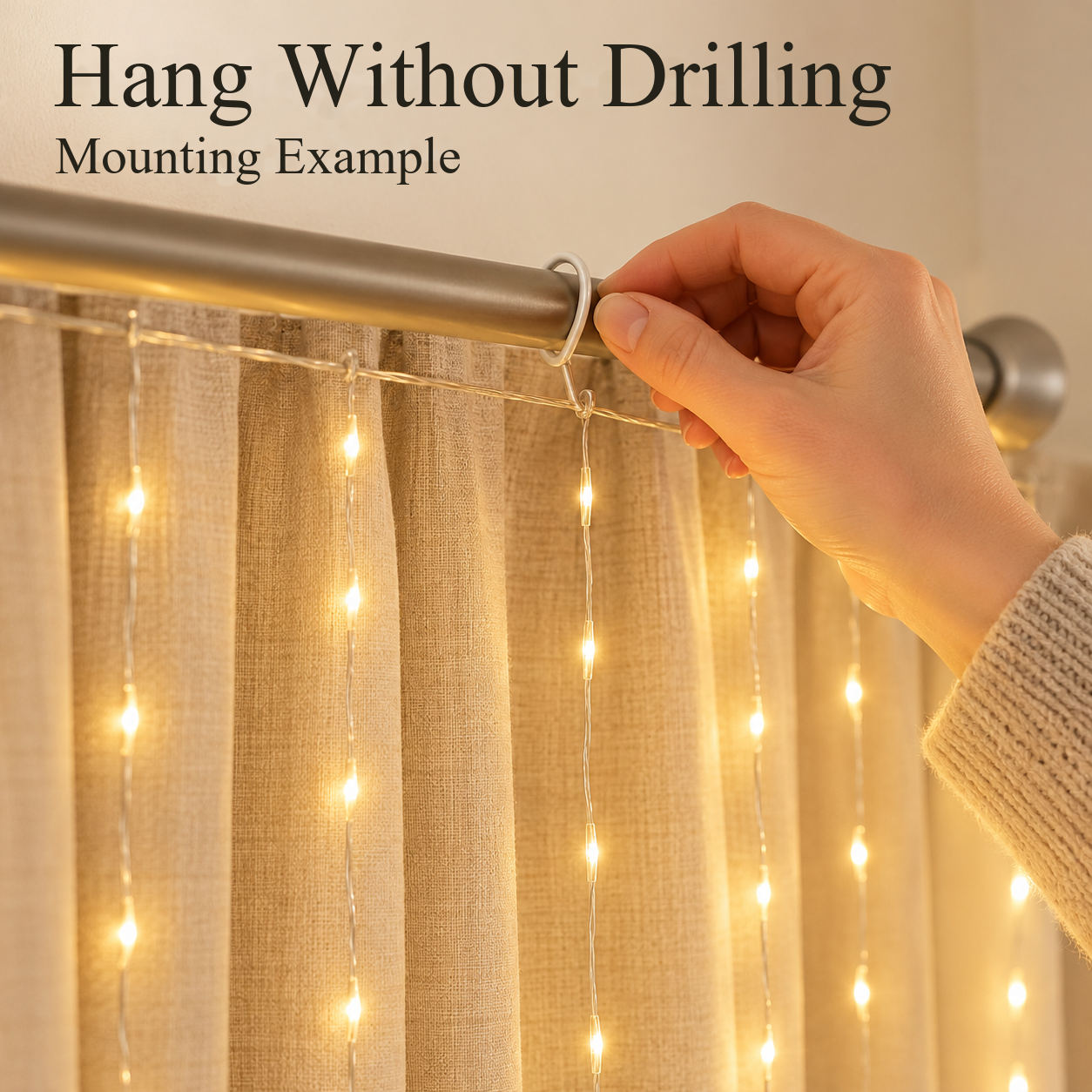 Mounting example: hanging curtain lights by a hook on an existing rod