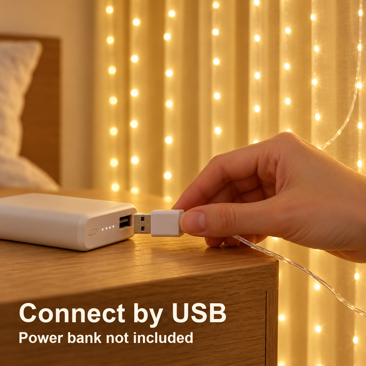 USB connection to an external power bank; power bank not included