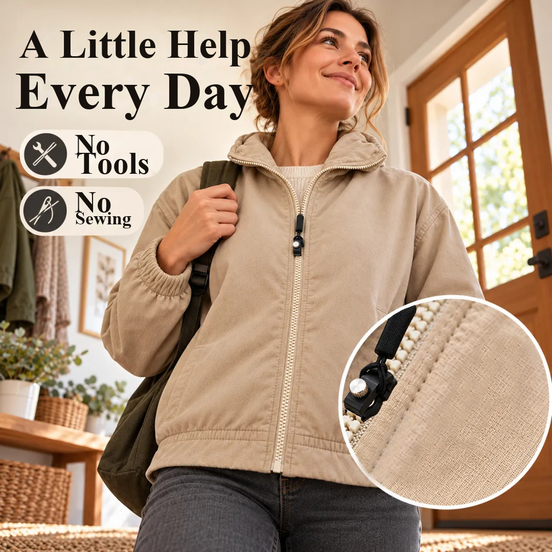 Zipper repair slider with a black pull on a beige jacket