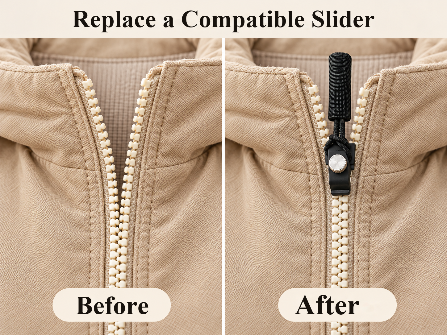 Illustration: the same jacket zipper before and after fitting a compatible replacement slider