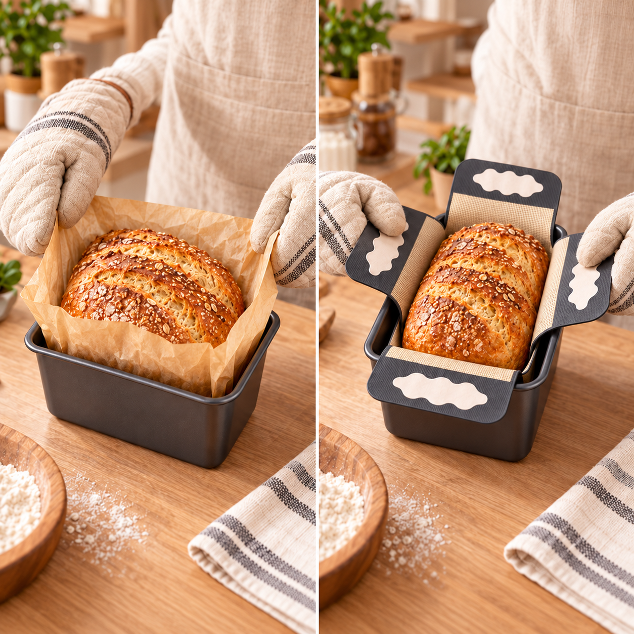 Gleiche Backform und gleiches Brot: Papierkanten gegenüber vier vorgesehenen Griffbereichen