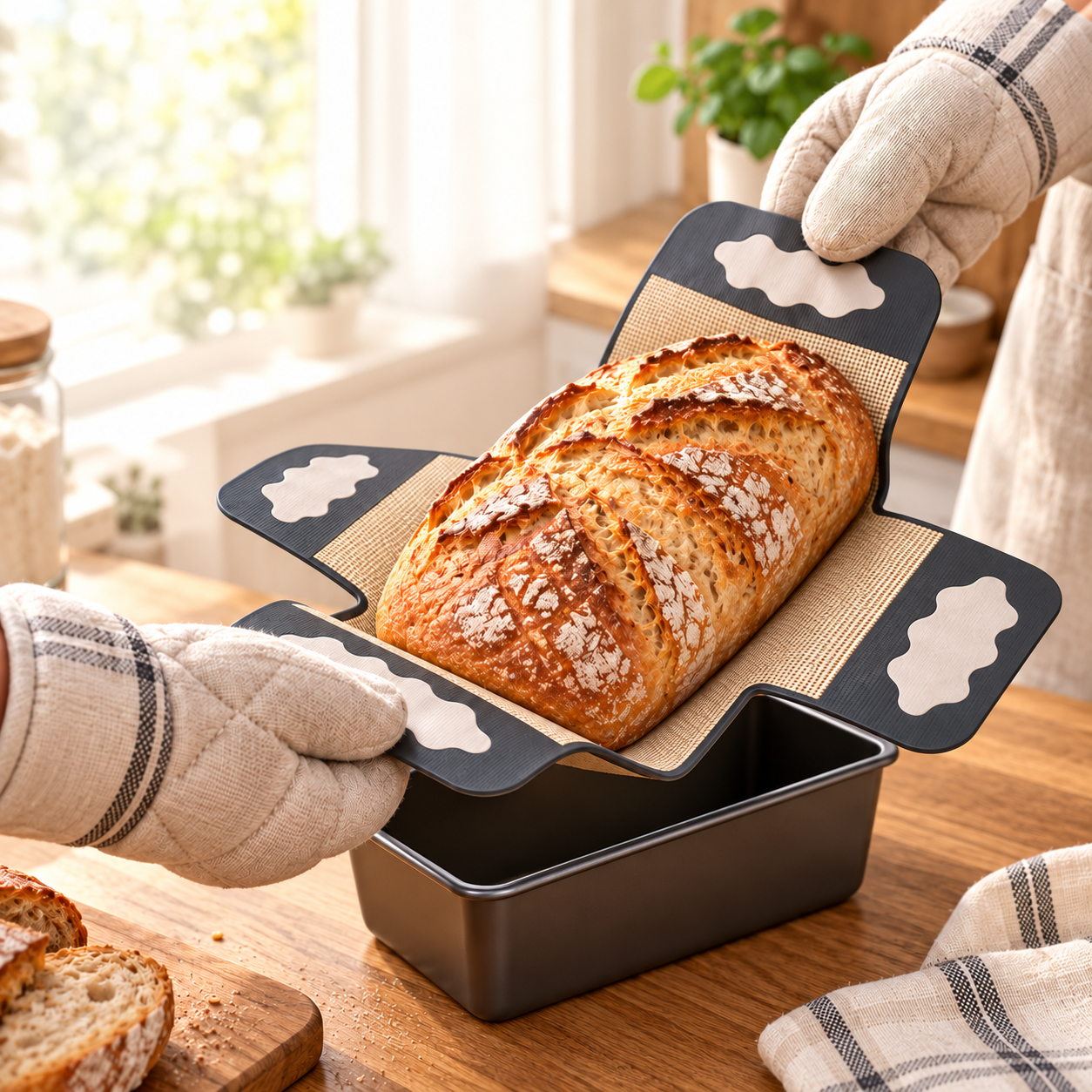Viergriff-Backmatte mit Sauerteigbrot beim Herausheben mit Ofenhandschuhen