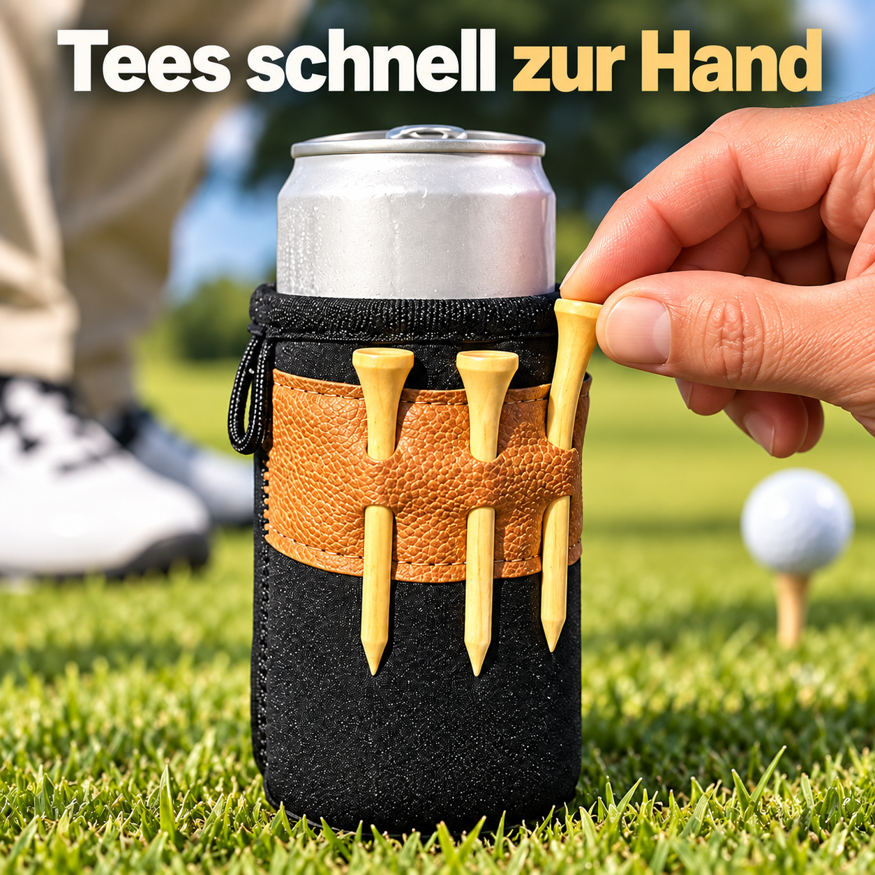 Eine Hand entnimmt einen Tee aus dem äußeren Band des Halters