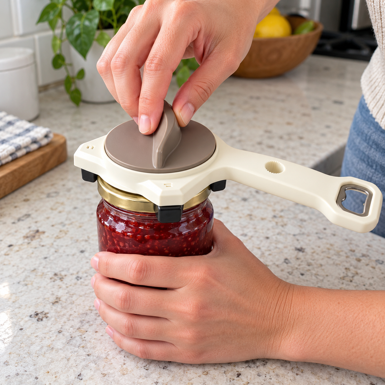 Fingers adjusting the top dial while the jaws grip a jar lid