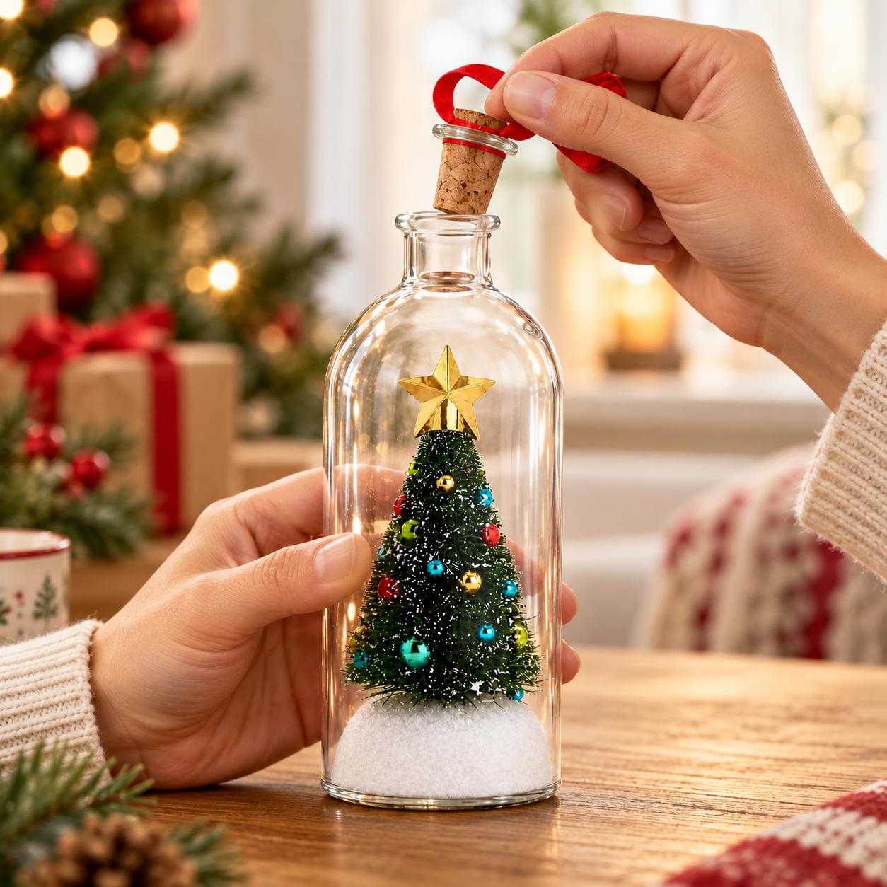 Eine Hand zieht den Korken aus der aufrecht gehaltenen Flasche