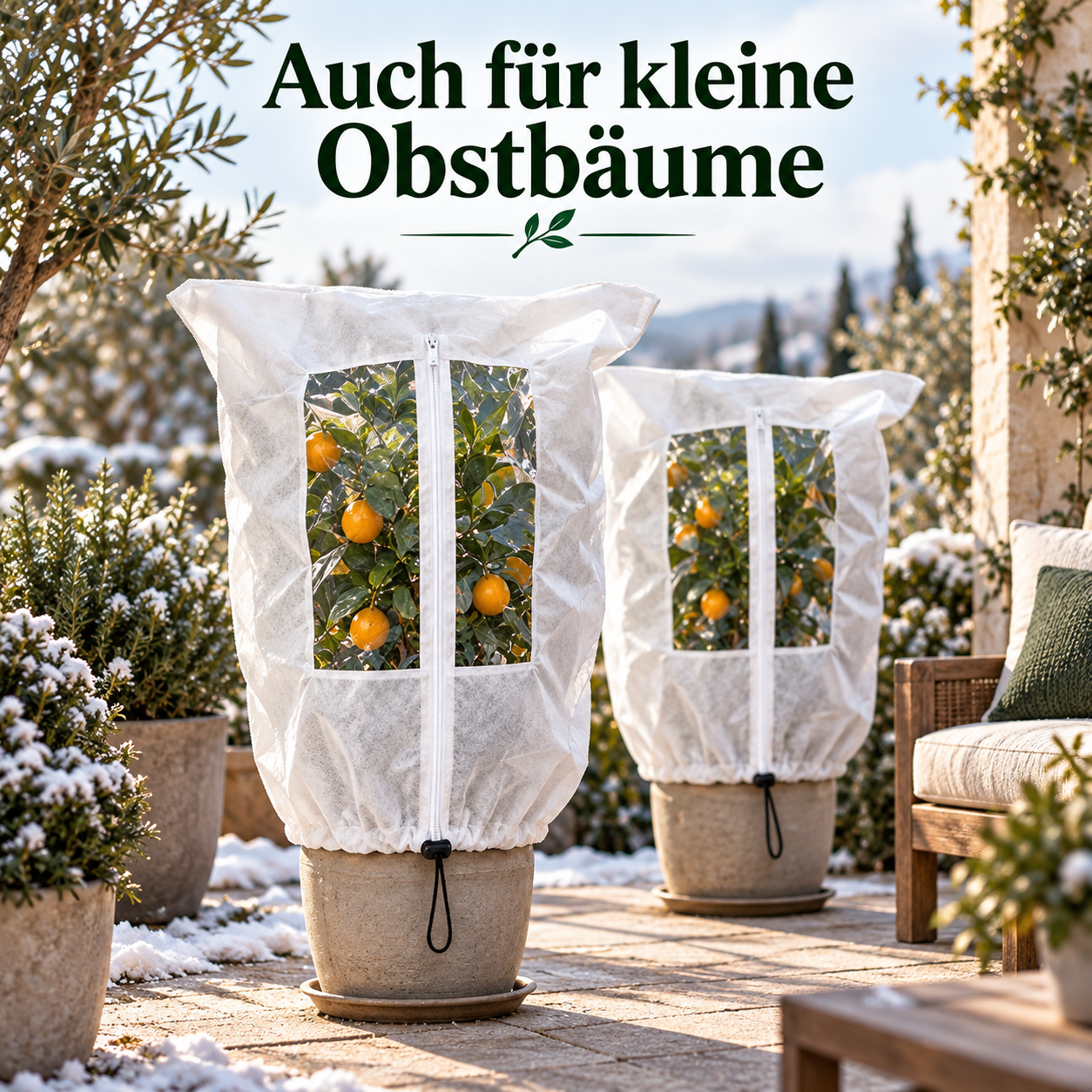 Frostschutzhaube mit Sichtfenster um eine Kübelpflanze auf einer winterlichen Terrasse