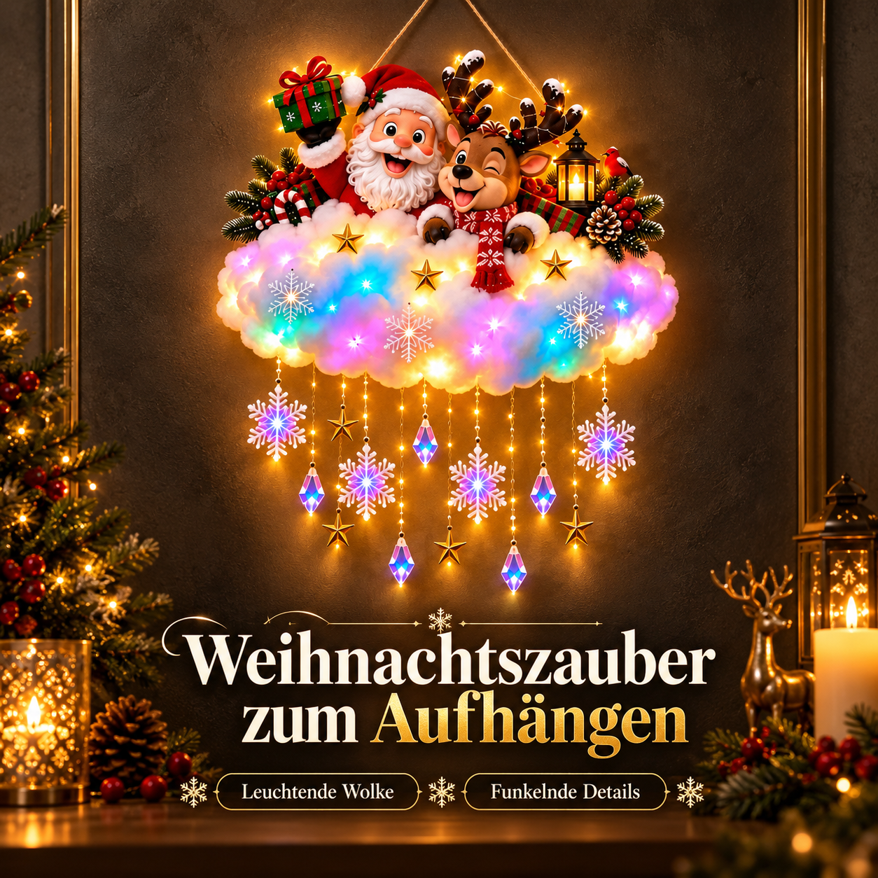 Leuchtende Weihnachtsdekoration mit Weihnachtsmann, Rentier und Wolke an einer dunklen Wand