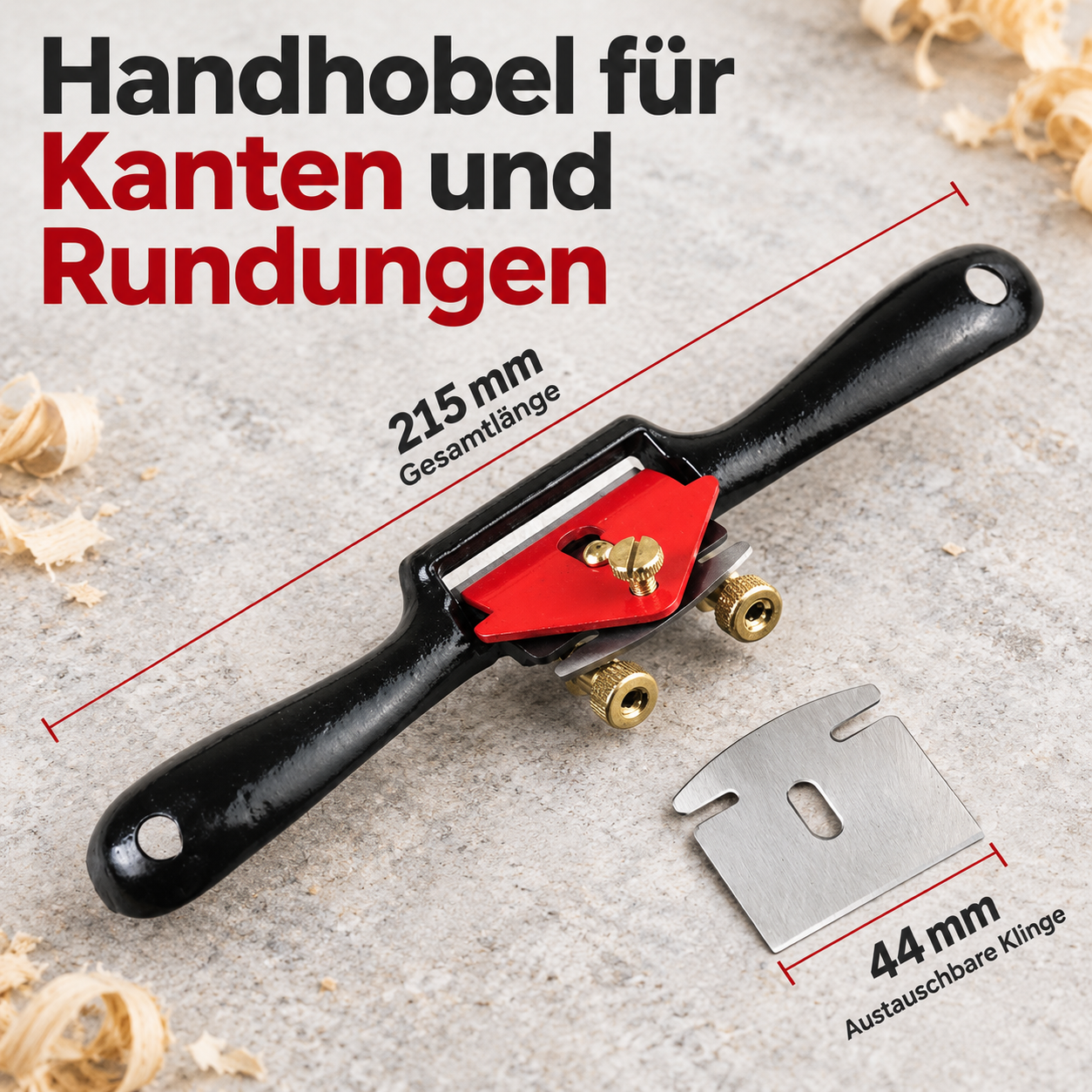 Schwarzer Handhobel mit roter Klingenhalterung und einzelner silberner Wechselklinge
