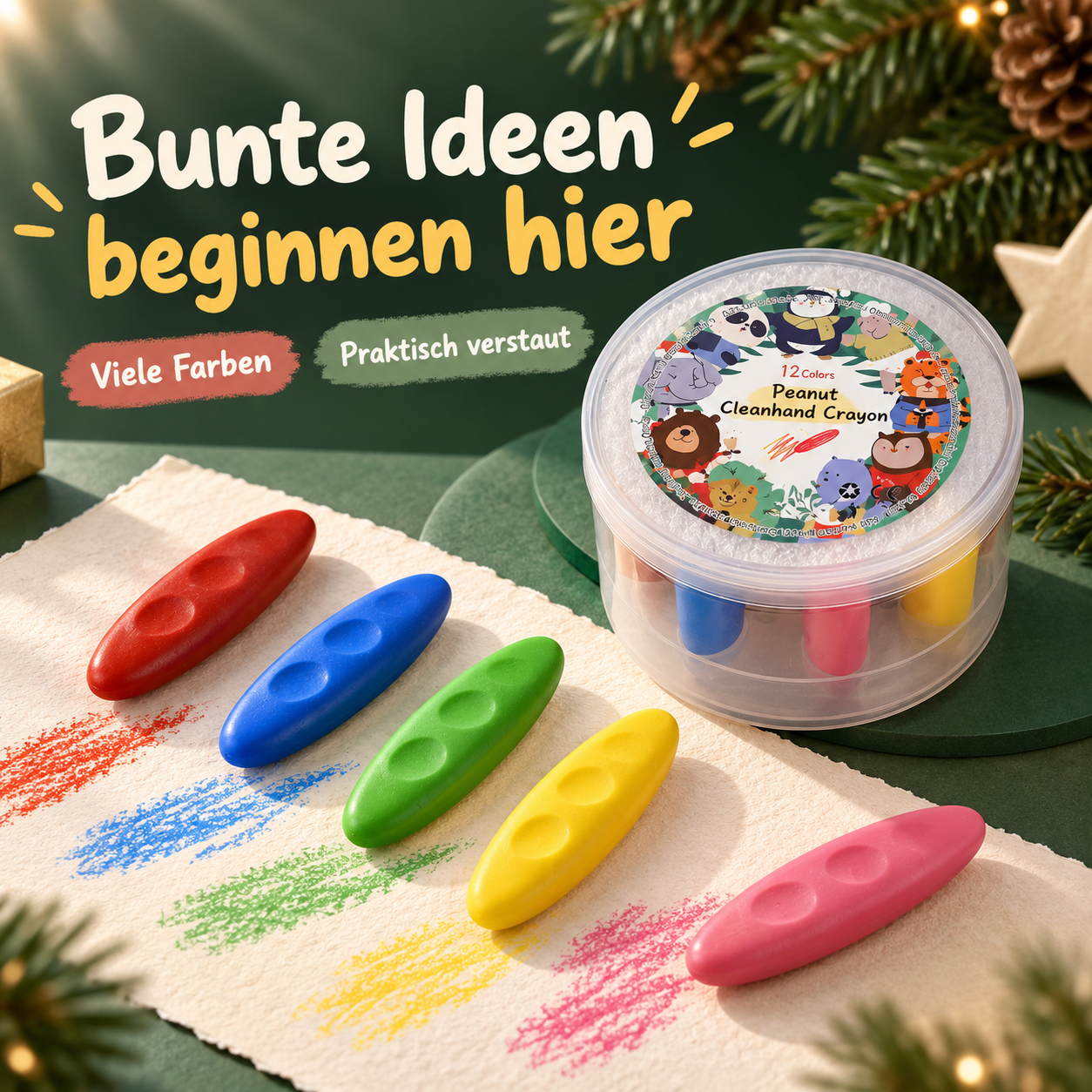 Bunte Wachsmalstifte in Erdnussform mit transparenter Aufbewahrungsdose