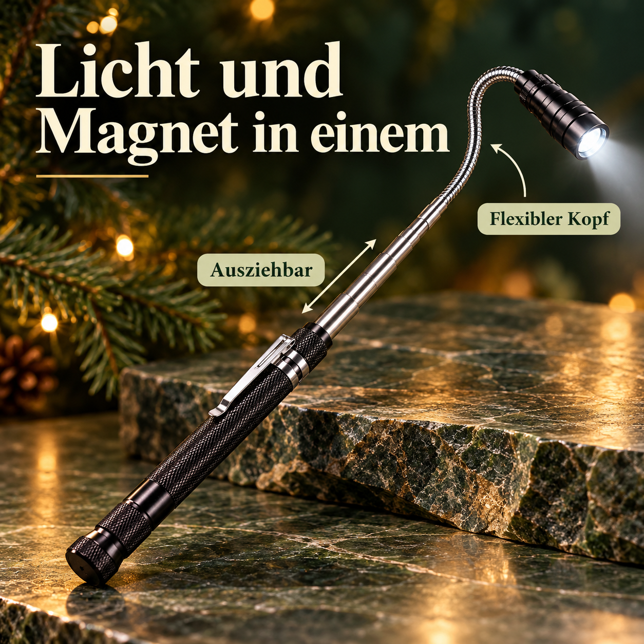 Licht und Magnet in einem – schwarze Teleskop-Magnetlampe mit silbernem Schaft