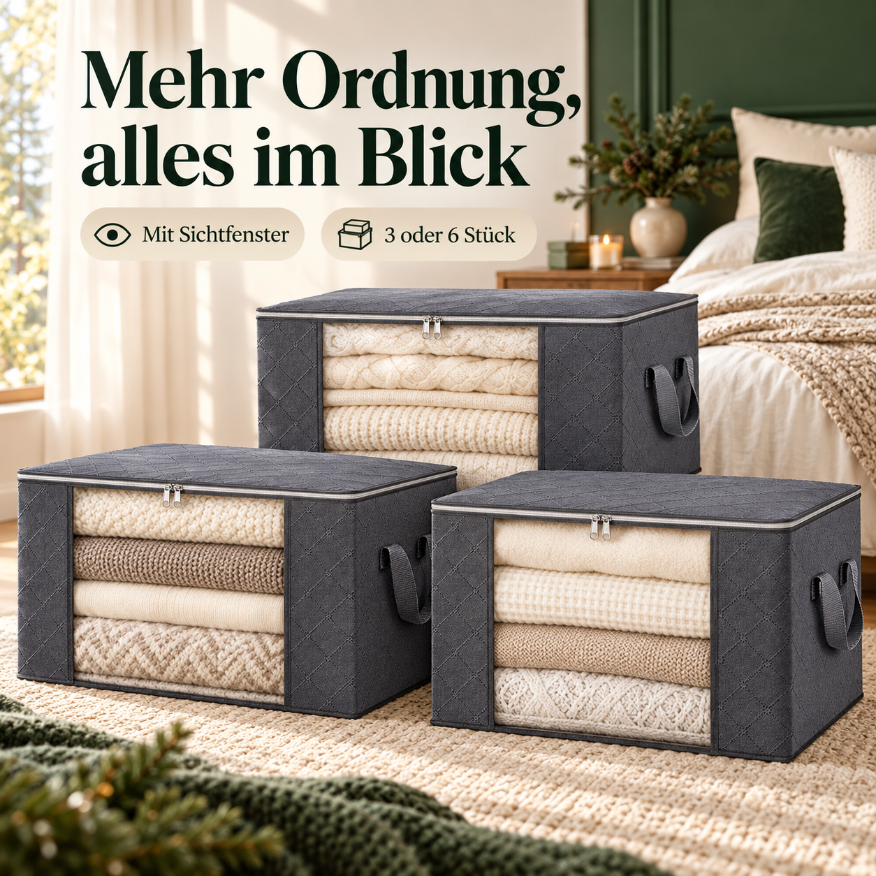 Drei graue Sichtfenstertaschen im Schlafzimmer