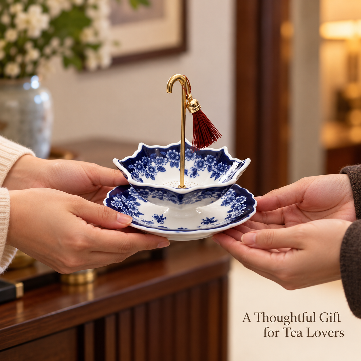 1 complete tea strainer and saucer set