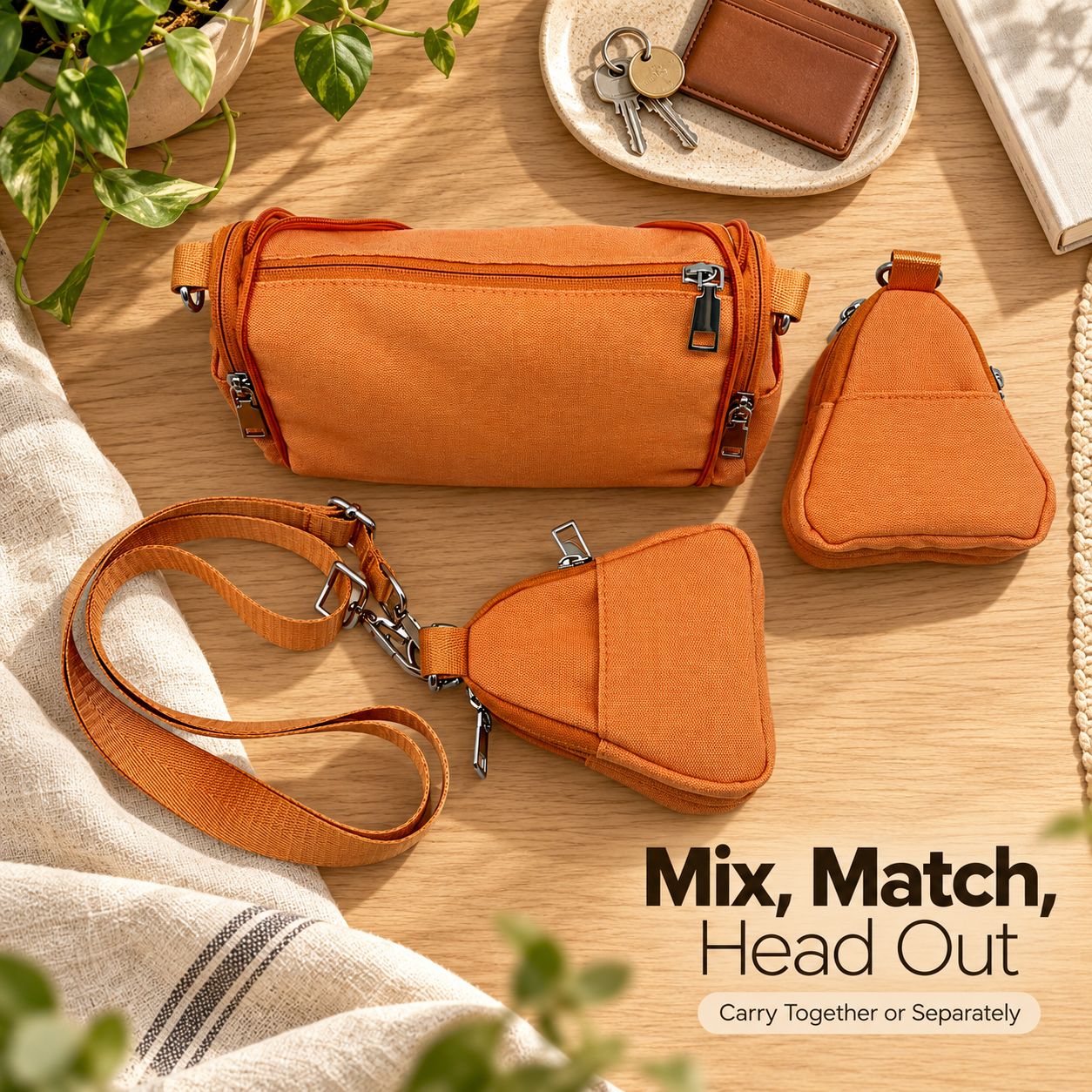 One complete orange modular bag set with its detachable parts