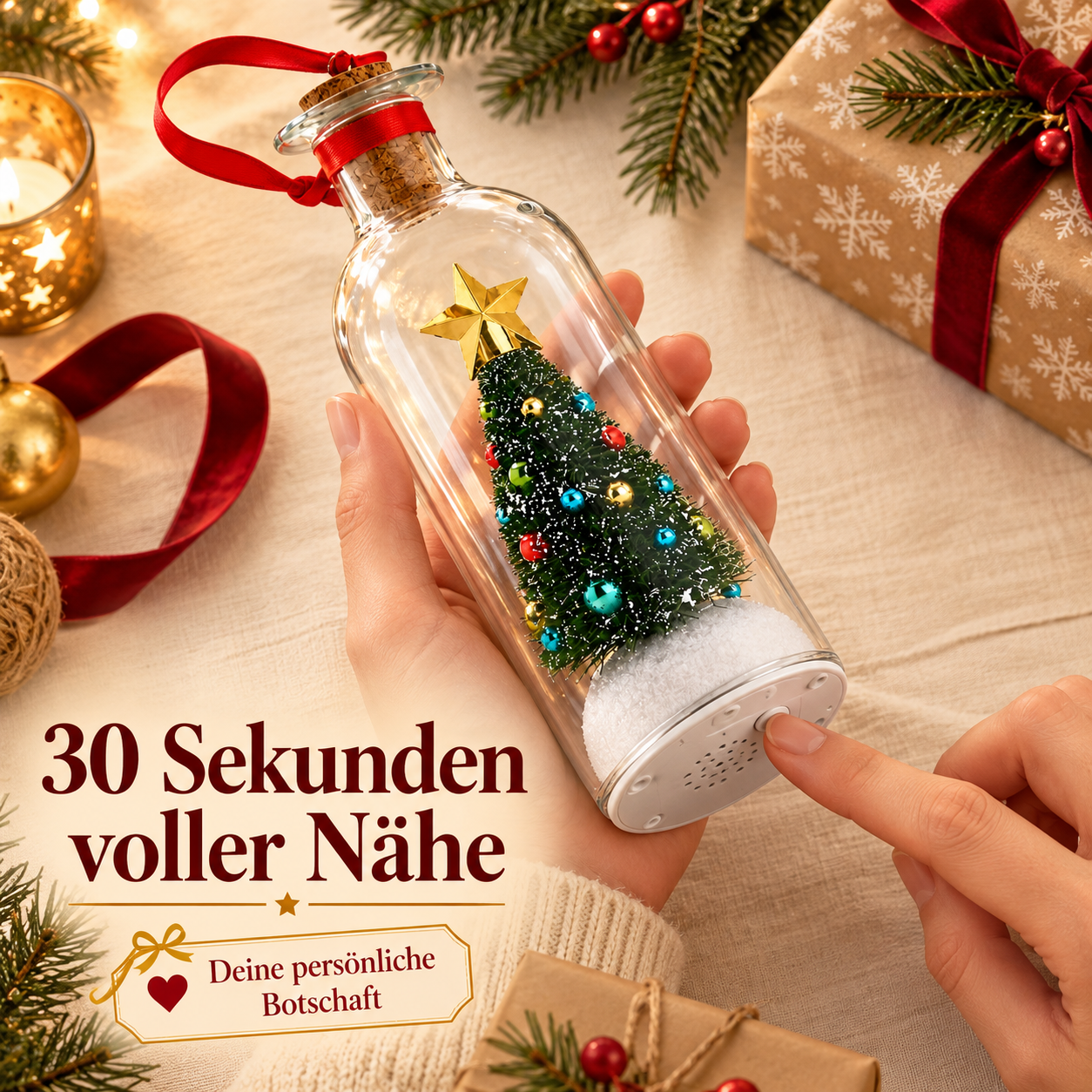 Weihnachtsflasche mit grünem Miniaturbaum für deine persönliche Sprachnachricht