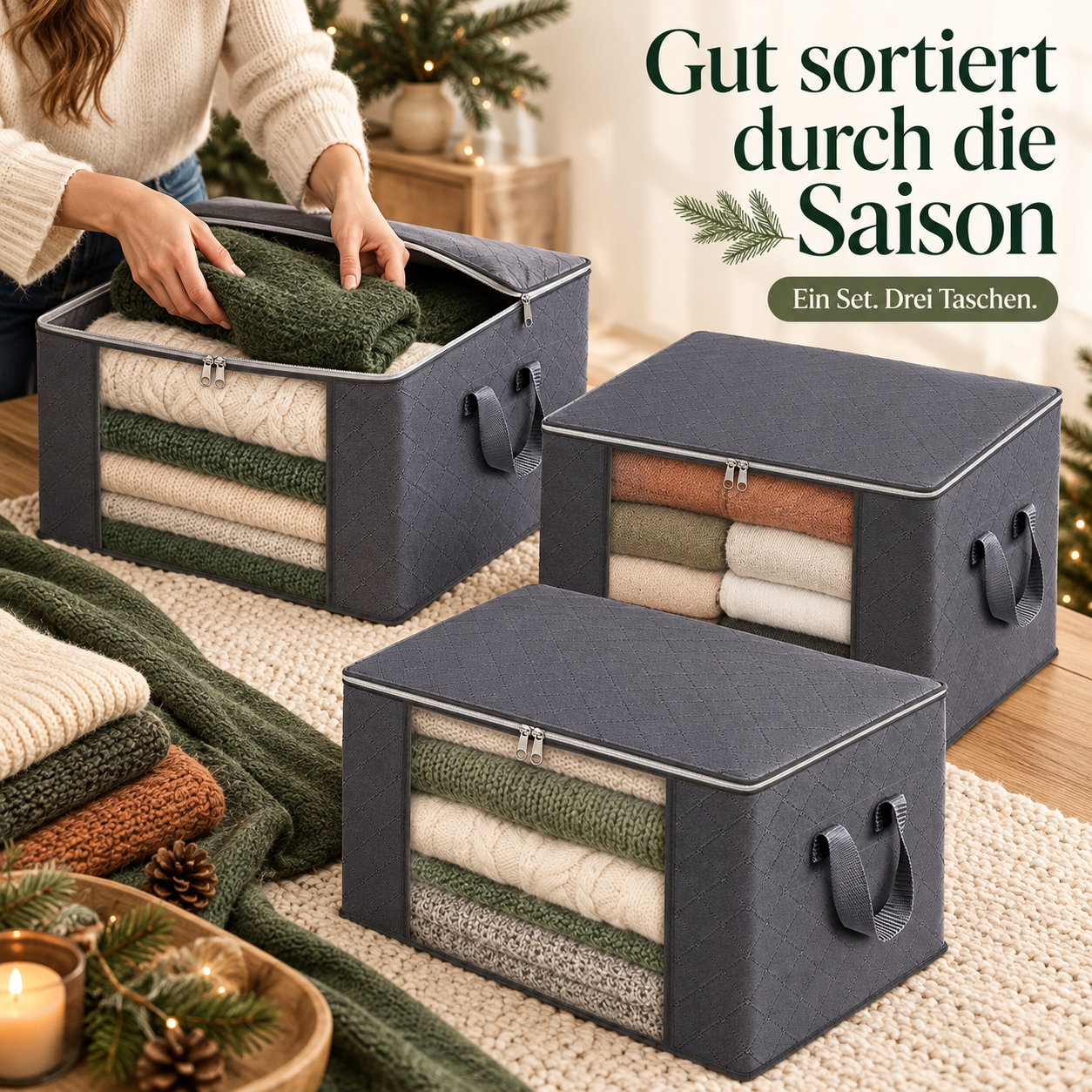 Drei graue Taschen beim Sortieren von Saisonkleidung