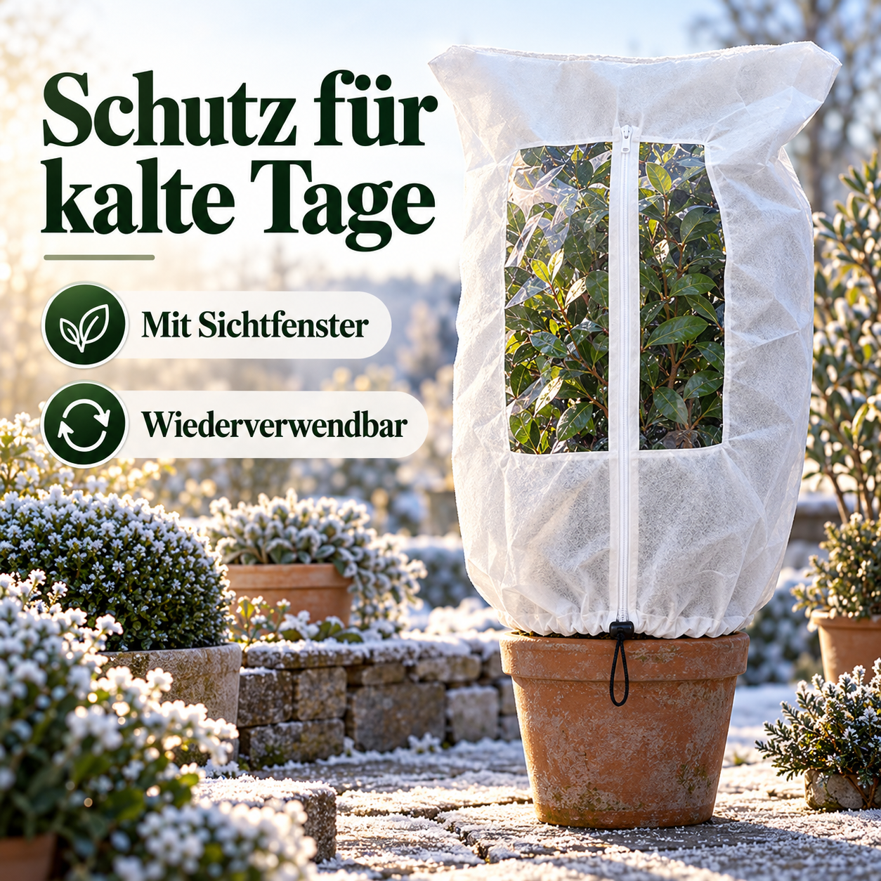 Frostschutzhaube mit Sichtfenster um eine Kübelpflanze auf einer winterlichen Terrasse