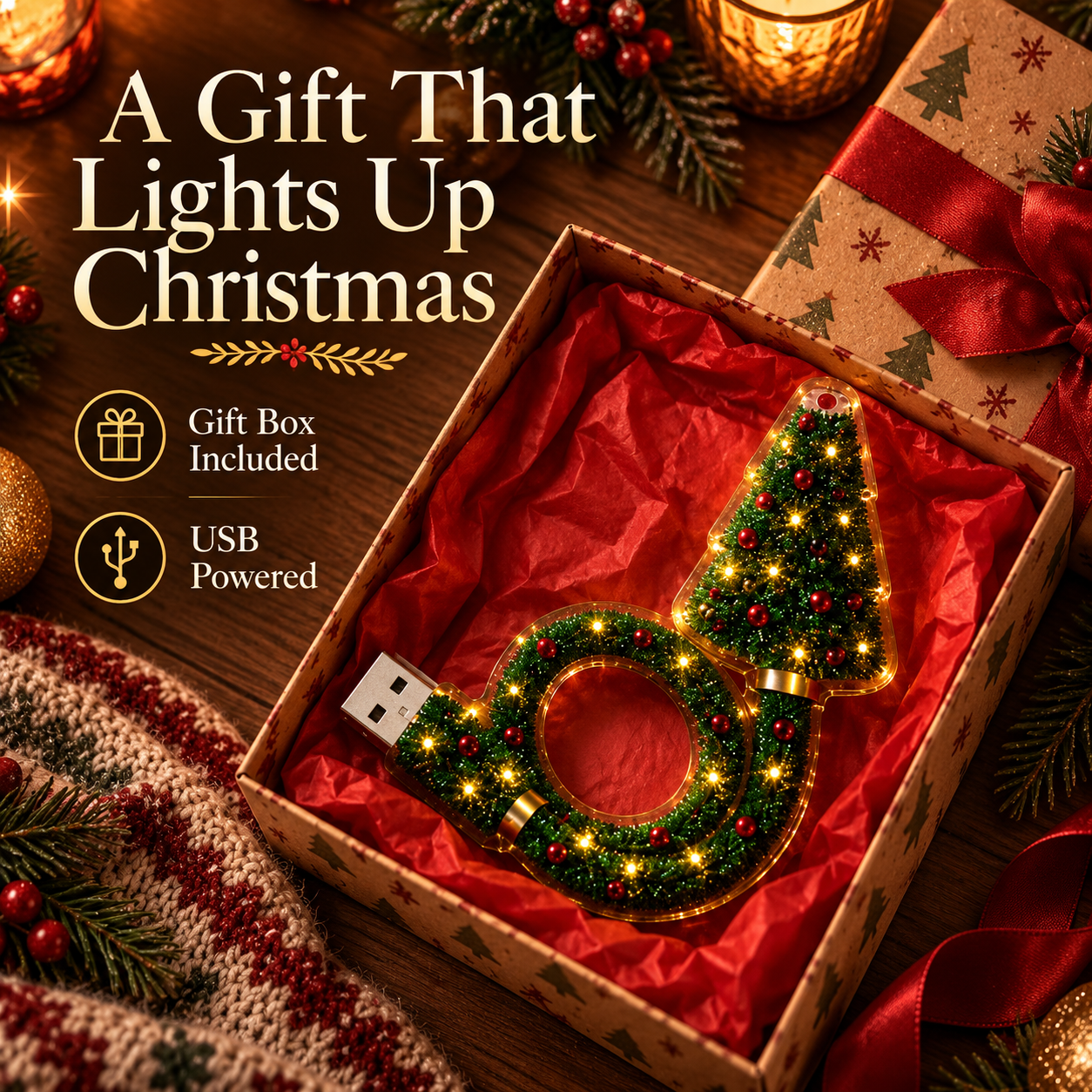 Christmas tree USB projector with green flexible loop in an open gift box