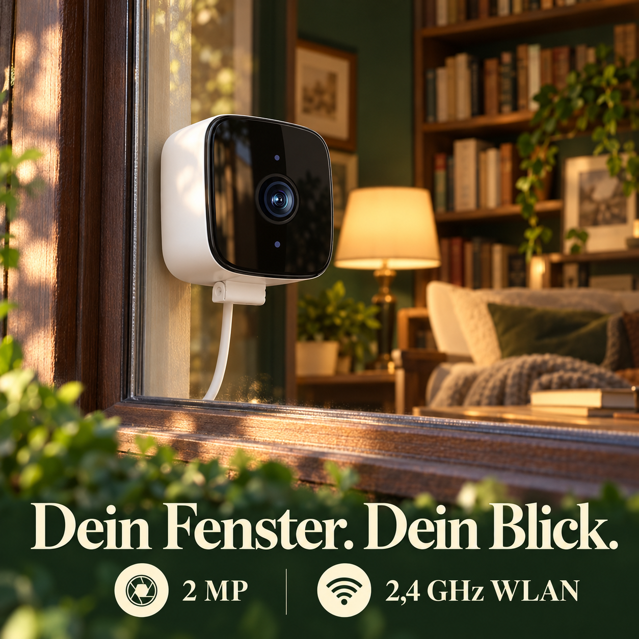 Eine verkabelte WLAN-Fensterkamera an der Fensterscheibe vor einem Wohnraum