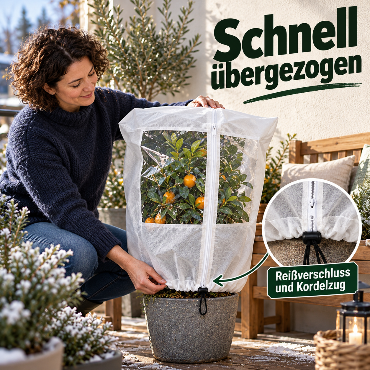 Frostschutzhaube mit Sichtfenster um eine Kübelpflanze auf einer winterlichen Terrasse